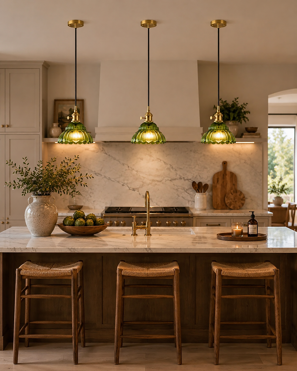 Thumbnail: Roselle Pendant Light | Clear & Olive Green Glass Hanging Lamp