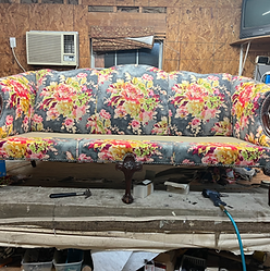 Vintage floral sofa restored through expert couch refurbishing and furniture reupholstery services, showcasing residential upholstery craftsmanship and furniture restoration in Atlanta.