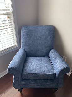 Custom upholstered blue accent chair restored with premium fabric, showcasing residential furniture upholstery, chair reupholstery, and upholstery services in Atlanta, GA.