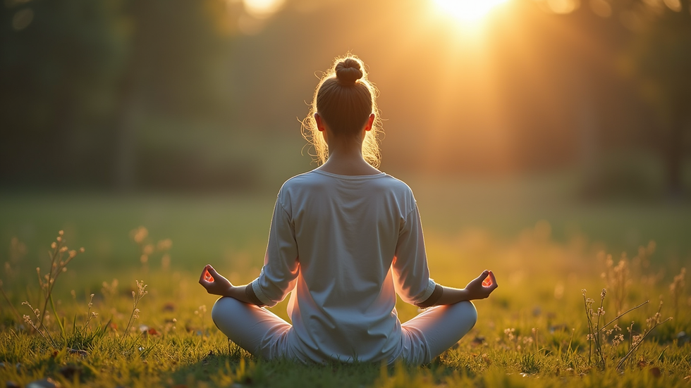 Close-up view of a person meditating in a serene natural environment