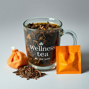 Loose leaf tea with dried leaves in a clear glass mug _Wellness Tea _ with an orange pouc