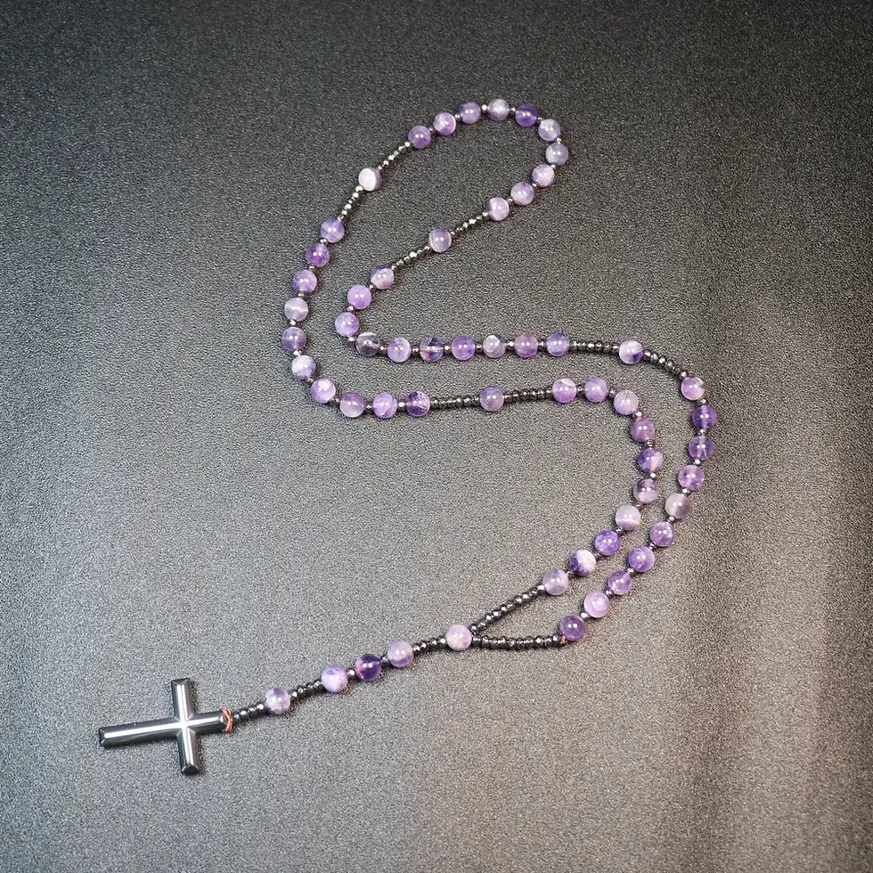 Thumbnail: Natural Amethyst String Beads Necklace Rosary Hematite Crosses Pendant