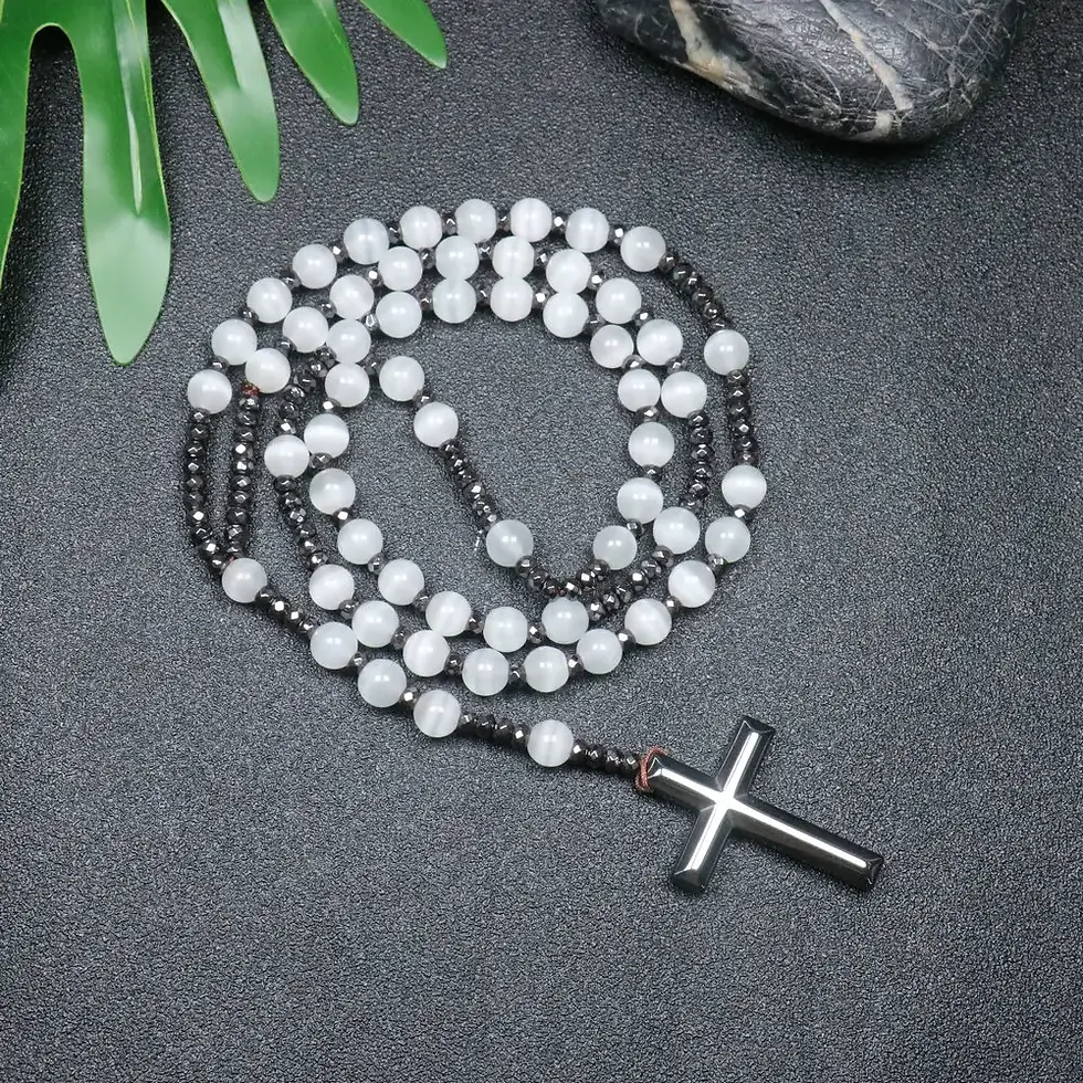 Thumbnail: Natural Amethyst String Beads Necklace Rosary Hematite Crosses Pendant