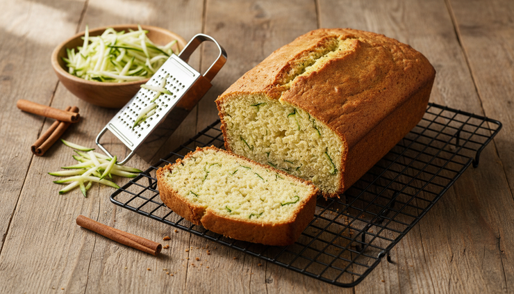 Eye-level view of zucchini bread cooling on a wire rack.