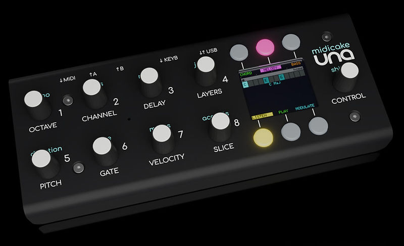 Midicake UNA hardware MIDI composer shown at an angle, with chord, melody and bass tracks lit on the display.
