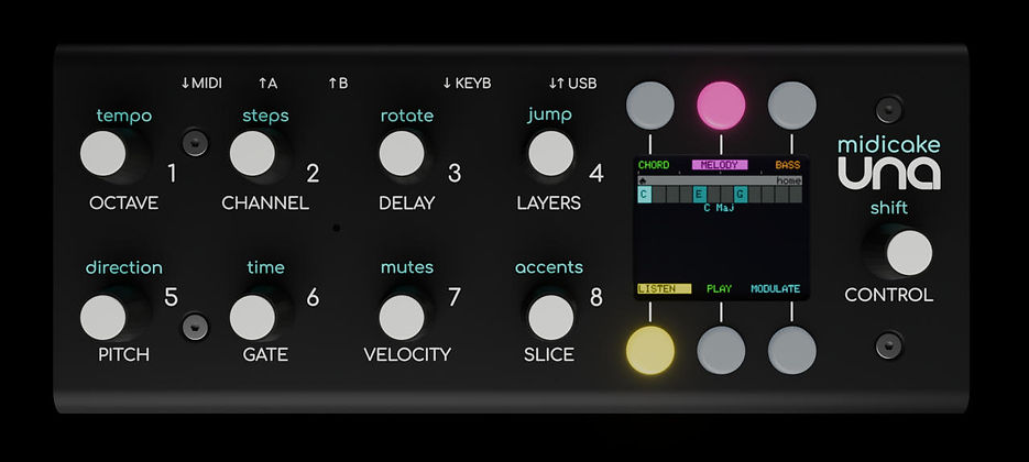 Top-down view of Midicake UNA showing parameter labels, MIDI routing indicators and the chord, melody and bass display.