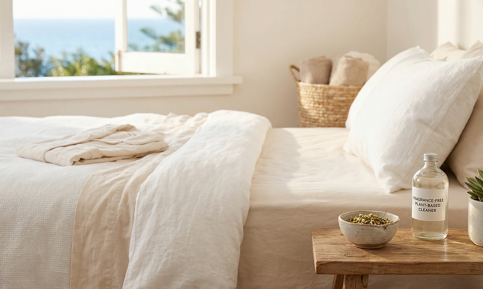 Calm, fragrance-free bedroom supporting eczema remission and skin comfort