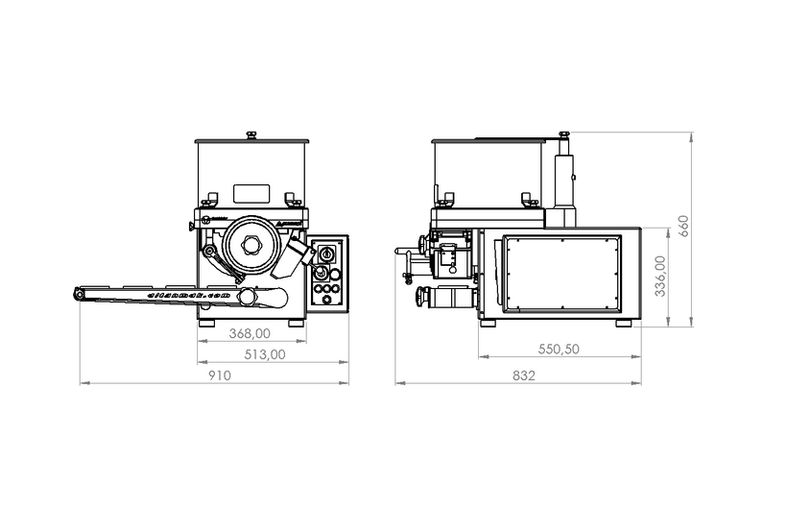 AK100_DSC Köfte Form Makinası machine side view diagram with dimensions, Altuntaş Makina