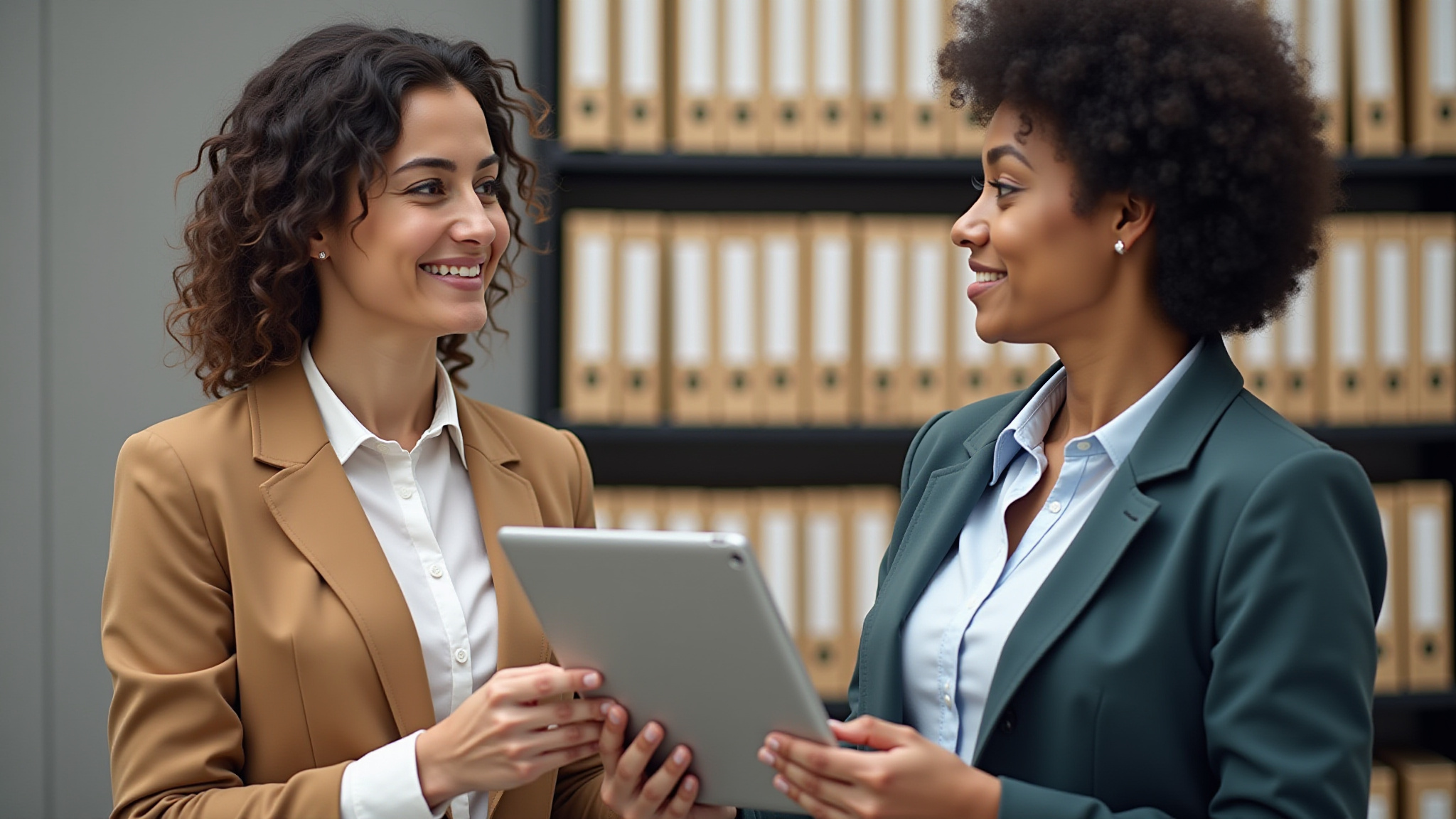 同僚二人がタブレットを見ながら笑顔で話し合う