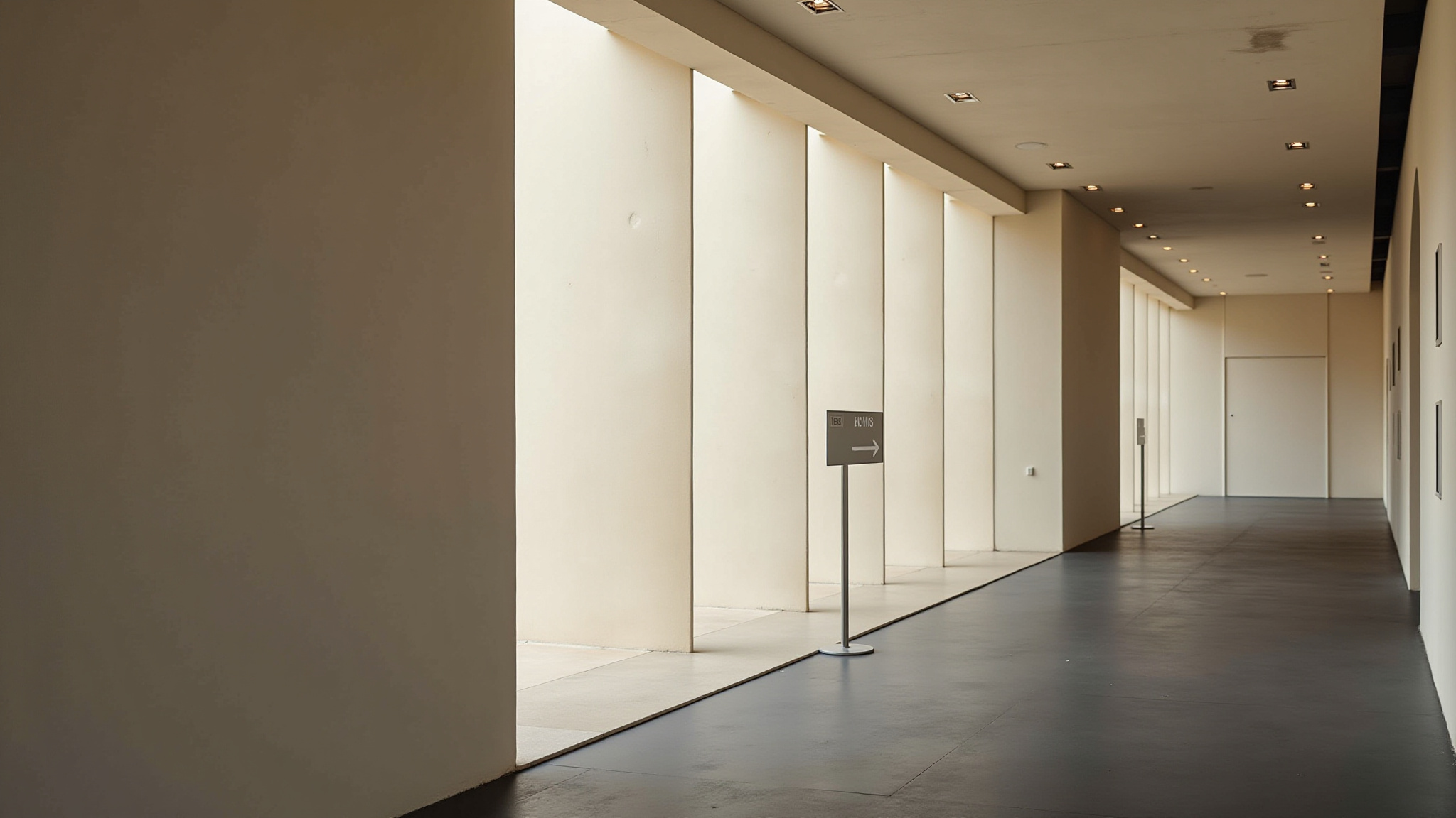 明るい廊下、案内表示あり