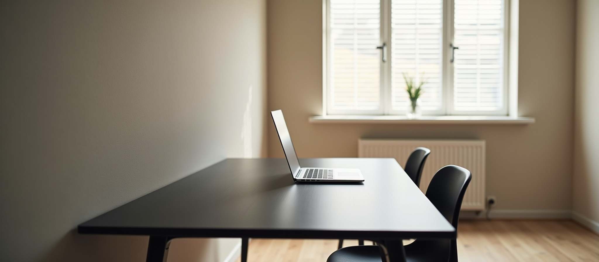 机の上のラップトップパソコン、明るい窓辺