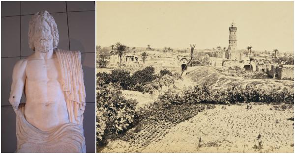 Patung Zeus yang pernah ditemukan di Gaza (kiri) dan kota tua Gaza pada 1857 (Getty Museum Collection/Wikipedia)