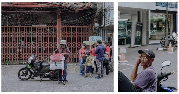Kiri: Suasana di kawasan Pasar Baru yang tidak pernah sepi pengunjung. Kanan: Seorang tukang parkir di Pasar Baru. (Historia.ID/Fernando Randy).