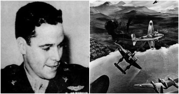 Kapten Thomas George Lanphier Jr. (kiri) dan ilustrasi penyergapan pesawat Yamamoto karya Sersan Vaughn A Bass (navy.mil)