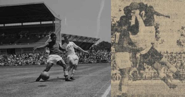 Andi Ramang (kiri) dan Maulwi Saelan (berkaos putih) dua legenda PSM Makassar (Foto: FIFA/De Preangerbode, 22 Juli 1957)