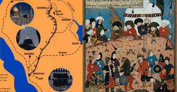 Deskripsi rute Husain bin Ali dari Mekkah dengan tujuan Kufah dan gambaran detik-detik jelang Pertempuran Karbala yang tak berimbang (Foto: al-islam.org/wikimedia)