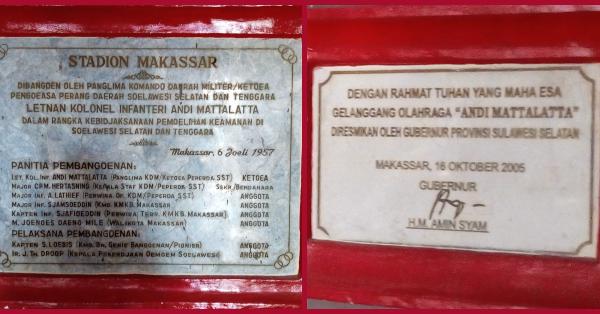 Prasasti berdirinya Stadion Mattoanging yang pada 2006 diubah namanya menjadi Stadion Andi Mattalatta (Foto: Randy Wirayudha/HISTORIA)