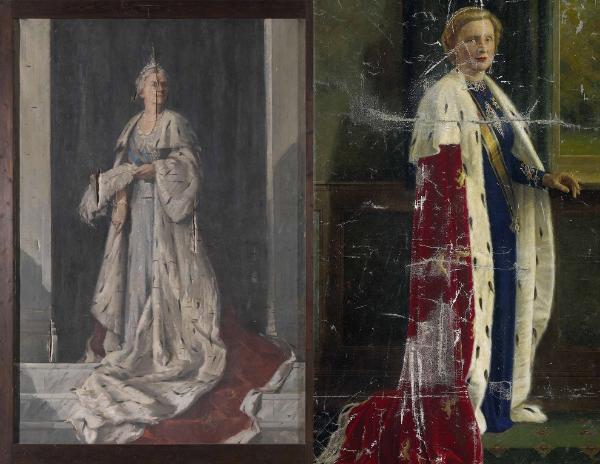 (Kiri: Sierk Schröder, Potret Ratu Wilhelmina, 1947 [Koleksi Rijksmuseum]; kanan: Henricus Rol, Potret Ratu Juliana, 1951 [Koleksi Rijksmuseum])