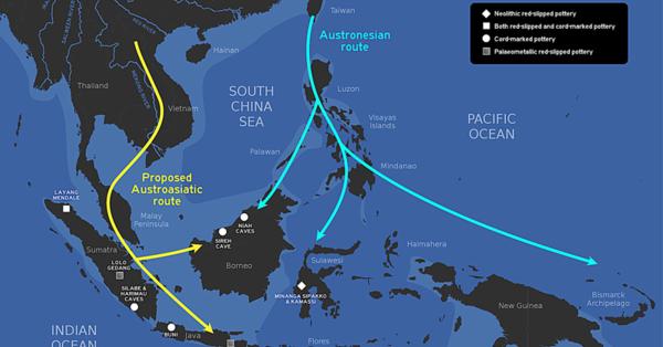 Jalur migrasi penutur Austroasiatik dan Austronesia ke Nusantara.