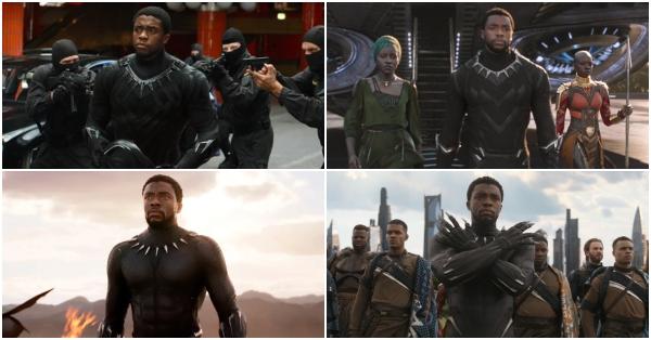 Searah jarum jam, penampilan Chadwick Boseman di Civil War, Black Panther, Infinity War, dan Endgame (Marvel Studios)