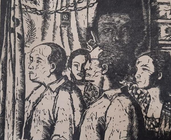 Karya cukil kayu Suromo berjudul "Rapat". (Repro majalah Seni No.11 November 1955).