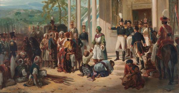 Lukisan “Penaklukan Diponegoro” (1835) karya Nicolaas Pieneman yang dipesan Letnan Jenderal Hendrik Merkus de Kock. (Rijksmuseum/Wikipedia Commons).