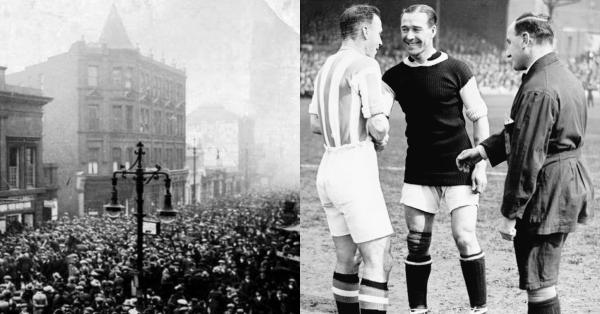 Stadion Stamford Bridge tetap ramai penonton kala final FA Cup 1919-1920 yang dimenangi Aston Villa 1-0 atas Huddersfield Town. (Twitter @thecentretunnel/@GreatestCapital).