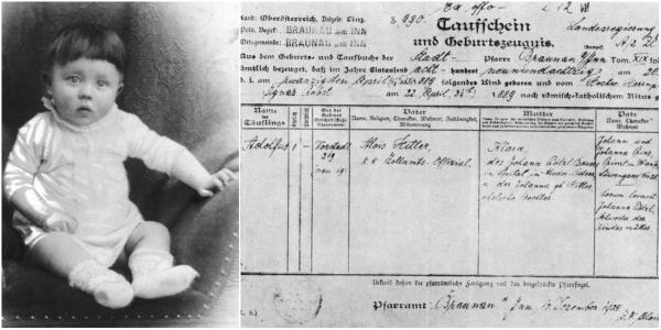 Hitler semasa bayi dan akta kelahirannya yang menyatakan ia putra Klara Polzl dan Alois Hitler Sr. pada 20 April 1889 (Bayerische Staatsbibliothek)