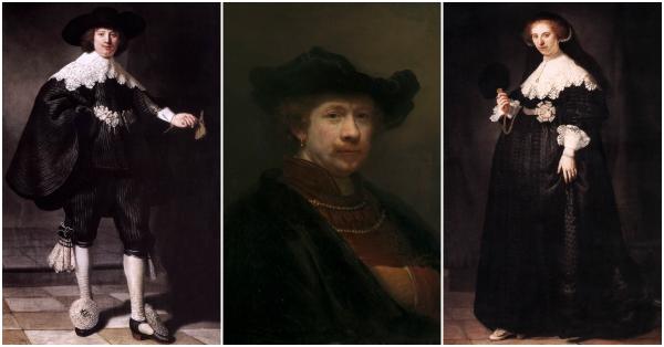 Rembrandt Harmenszoon van Rijn (tengah) yang membuat sepasang lukisan potret Marten Soolmans (kiri) dan Oopjen Coppit (Royal Collection Trust/Musée du Louvr/Rijksmuseum)