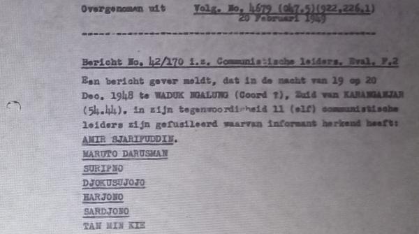 Arsip laporan NEFIS terkait orang-orang yang dieksekusi pasca-Peristiwa Madiun 1948 (Dok. Joss Wibisono)