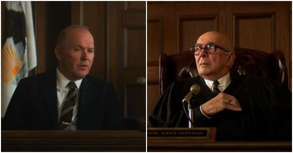 Satu adegan kontroversi Hakim Julius Hoffman (kanan) melarang belasan juri mendengarkan kesaksian mantan Jaksa Agung Amerika, Ramsay Clark (kiri) yang menjadi saksi kunci (netflix.com)