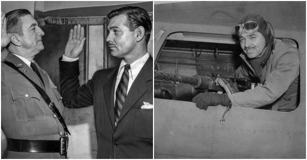 Clark Gable ketika diambil sumpah prajuritnya (kiri) dan saat sudah bertugas di pesawat pembom (Los Angeles Times, 13 Agustus 1942/americanairmuseum.com)