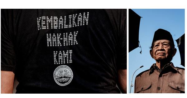 Kiri: Pesan di salah satu kaos massa Aksi Kamisan. Kanan: Salah seorang massa Aksi kamisan yang menuntut keadilan. (Fernando Randy/Historia).