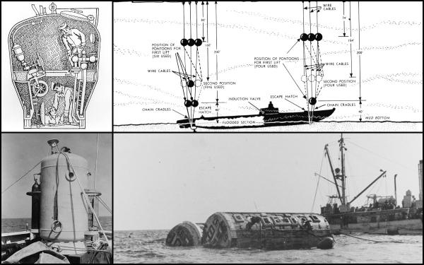 Kapsul penyelamat McCann (baris kiri) & upaya penyelamatan kru USS Squalus. (navy.mil/mohmuseum.org).