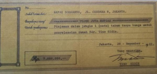 Kuitansi pinjaman uang sebesar Rp7 juta dari Presiden Soeharto kepada Tino Sidin. (Dok. Bambang Eryudhawan).