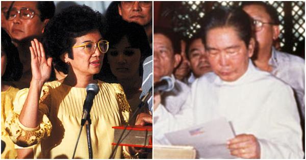 Maria Corazon "Cory" Sumulong Cojuangco-Aquino (kiri) & Presiden Ferdinand Emmanuel Edralin Marcos Sr. (malacanang.gov.ph)