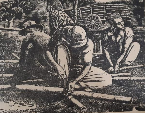 Karya cukil kayu Suromo berjudul "Persiapan". (Repro majalah Seni No.11 November 1955).