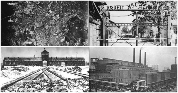 Searah jarum jam: peta kompleks kamp, Auschwitz I, Auschwitz II-Birkenau, & Auschwitz III Monowitz. (NARA/ushmm.org/yadvashem.org).