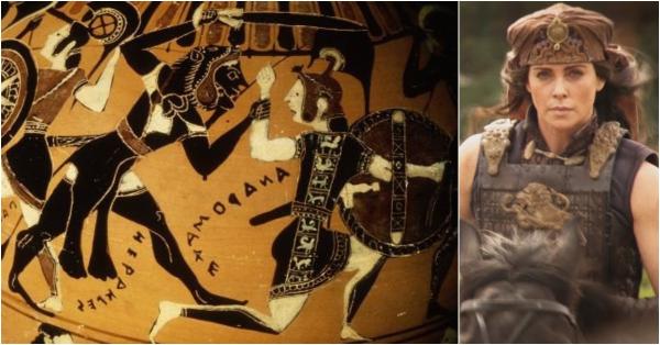 Lukisan duel antara Andromache vs Herakles dalam bejana dari era 570 SM-560 SM (kiri) & penggambaran Andromache dalam film. (Perseus Digital Library/netflix.com).
