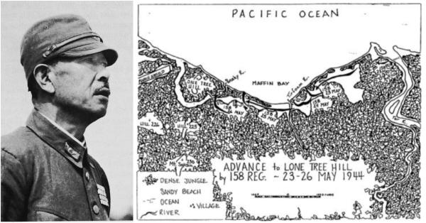 Jenderal Jenderal Hatazō Adachi (kiri) & posisi pasukan Jepang di Lone Tree Hill. (Repro The Second World War Volume III The Japanese War 1941–1945).