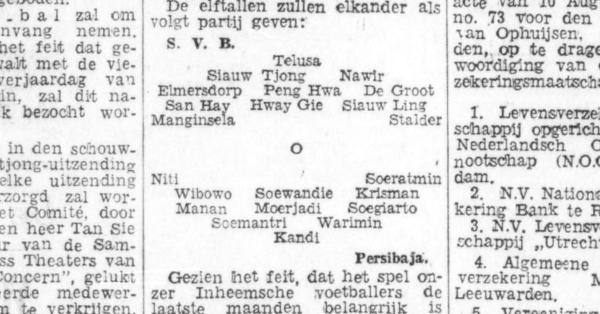 Nama Soegiarto turut tercantum dalam laga sparring melawan SVB di tahun 1940 (Foto: Soerabaijasch Handelsblad 24 Agustus 1940)
