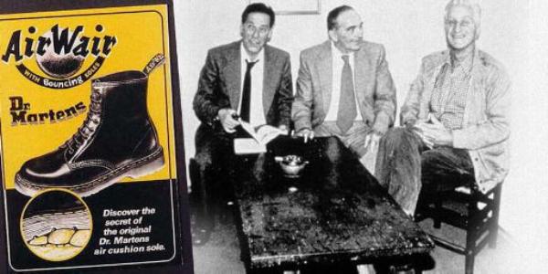 Dr. Klaus Maertens (kanan) dan iklan sepatu Dr. Martens AirWair yang diproduksi R. Griggs & Company dari Northamptonshire, Inggris. (drmartens.com). 