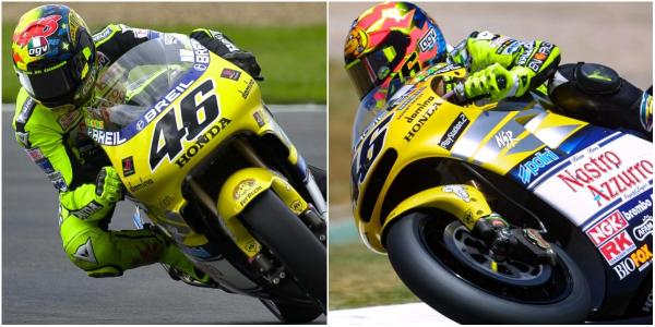 Valentino Rossi di tim satelit Nastro Azzurro Honda pada musim 2000 (kiri) dan 2001 (motogp.com)