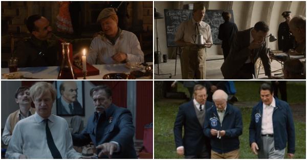 Kolase pertemuan sang protagonis dengan Francisco Franco, J. Robbert Oppenheimer, Josef Stalin, dan Presiden Ronald Reagan (Music Box Films)
