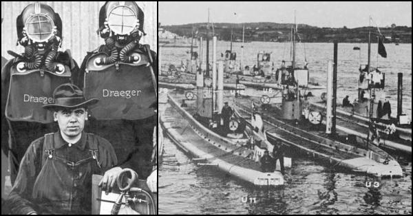 Alat pernafasan Dräger (kiri) & kasel SM U-3 Jerman (tengah). (draeger.com/Library of Congress).