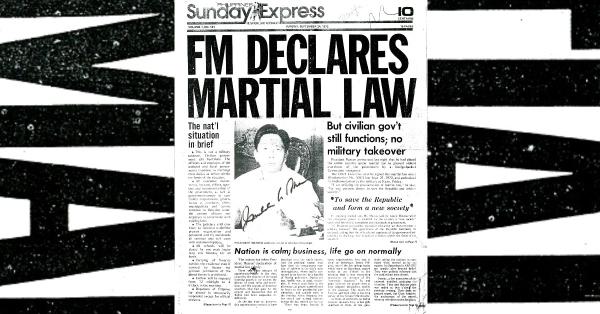 Harian Sunday Express edisi 24 September 1972 dengan halaman muka yang mengumumkan darurat militer.