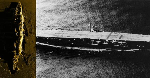 Kapal Induk Akagi saat masih gagah berlayar (kanan) & saat ditemukan di dasar laut (Foto: US Navy National Museum of Naval Aviation/Facebook RV Petrel)