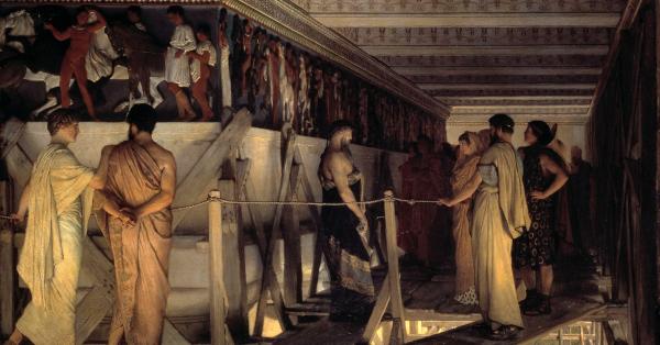 Lukisan karya Lawrence Alta-Dema yang memperlihatkan Phidias (kedua dari kanan) di hadapan mahakaryanya (Birmingham Museum Trust)