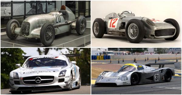 Searah jarum jam: Mercedes-Benz W25, Mercedes-Benz W196, Mercedes-Benz C11 & Mercedes-Benz SLS AMG GT3 (Fuji Motorsports Museum/redbull.com/goodwood.com)