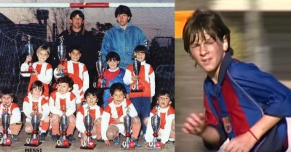 Lionel Messi (kedua di barisan kiri bawah) saat masih berusia lima tahun di tim Grandoli dan saat Messi (kanan) menimba ilmu di La Masia (Foto: Repro "Lionel Messi"/Youtube FC Barcelona)